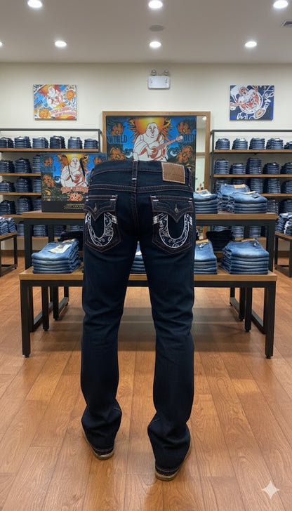 TRUE RELIGION || Men's Ricky Straight Leg Jeans – Dark Indigo with Paisley Monogram Horseshoe Stitch