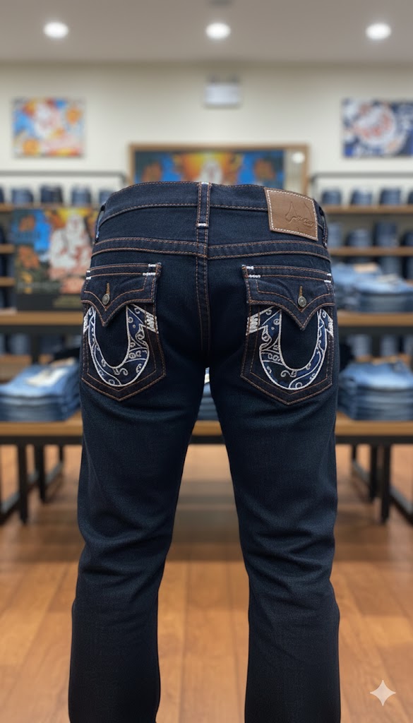 TRUE RELIGION || Men's Ricky Straight Leg Jeans – Dark Indigo with Paisley Monogram Horseshoe Stitch