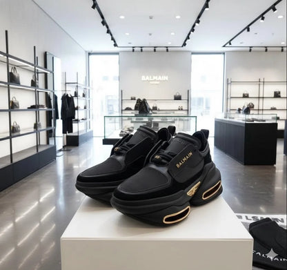 BALMAIN || Unicorn Low-Top Neoprene and Leather Sneakers – Black & Gold