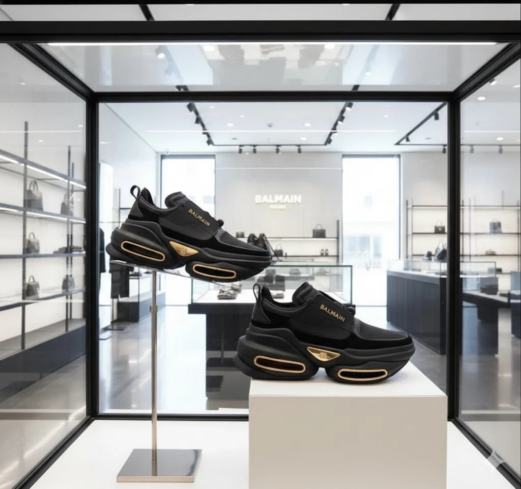 BALMAIN || Unicorn Low-Top Neoprene and Leather Sneakers – Black & Gold