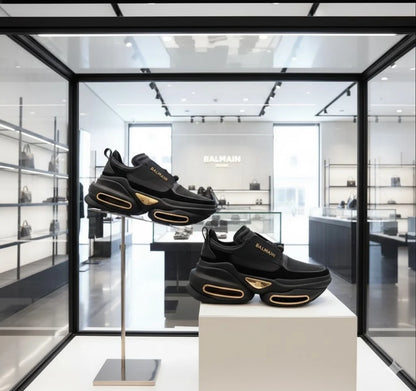 BALMAIN || Unicorn Low-Top Neoprene and Leather Sneakers – Black & Gold