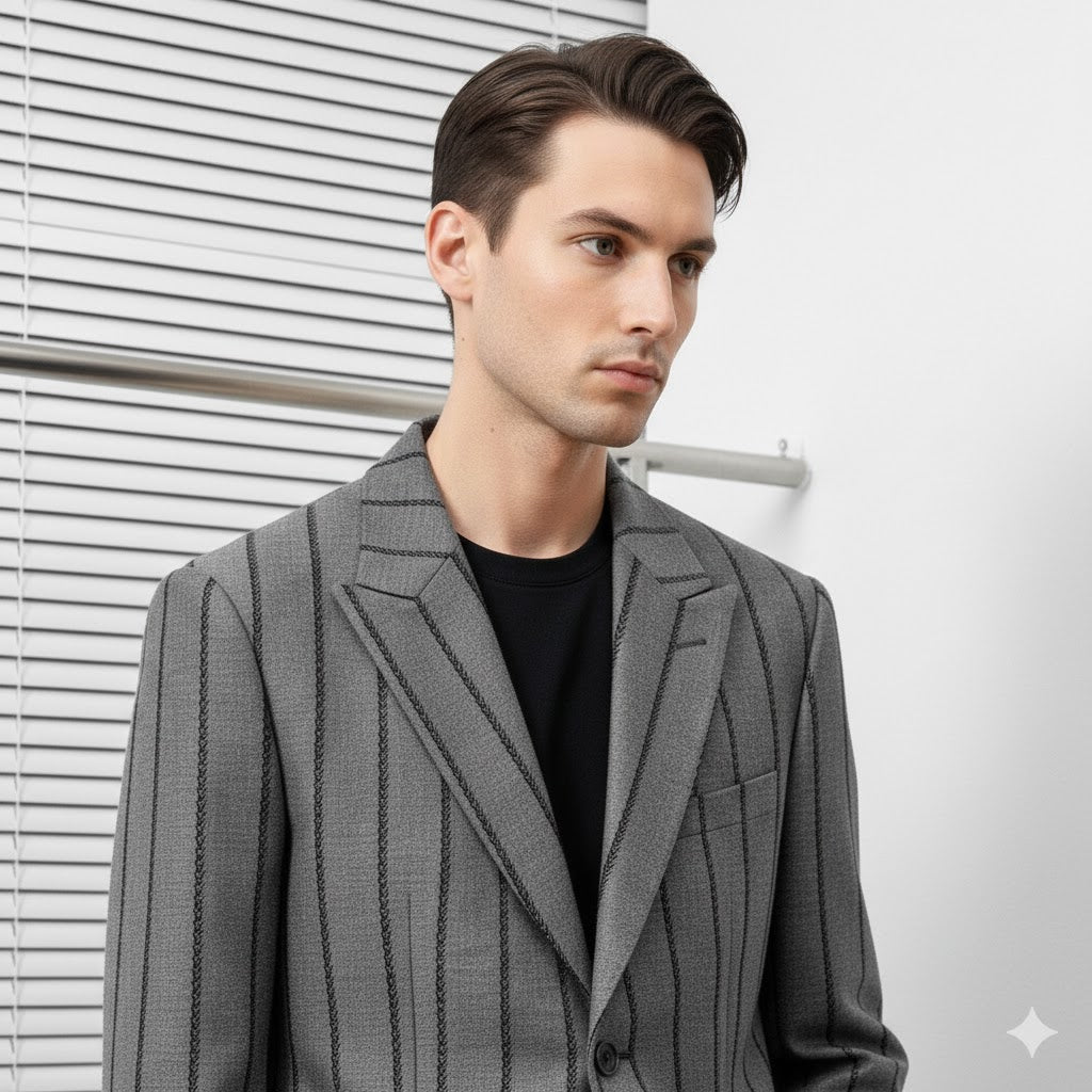 LOUIS VUITTON || Embroidered Monogram Pinstripe Blazer – Grey Wool Blend Tailored Jacket