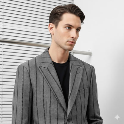 LOUIS VUITTON || Embroidered Monogram Pinstripe Blazer – Grey Wool Blend Tailored Jacket