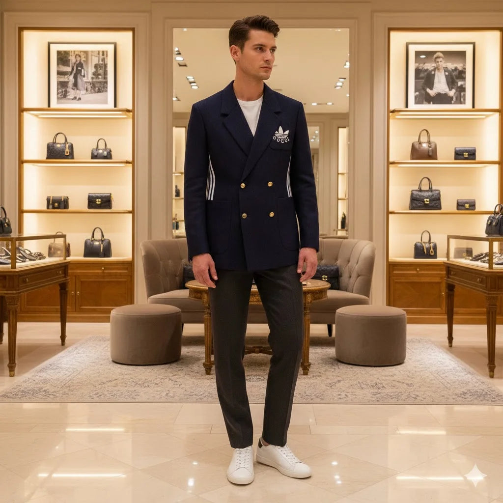 Adidas x Gucci || Double-Breasted Mohair Wool Blazer in Navy Blue/Cream