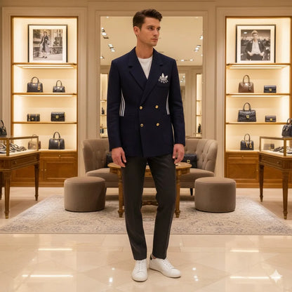 Adidas x Gucci || Double-Breasted Mohair Wool Blazer in Navy Blue/Cream