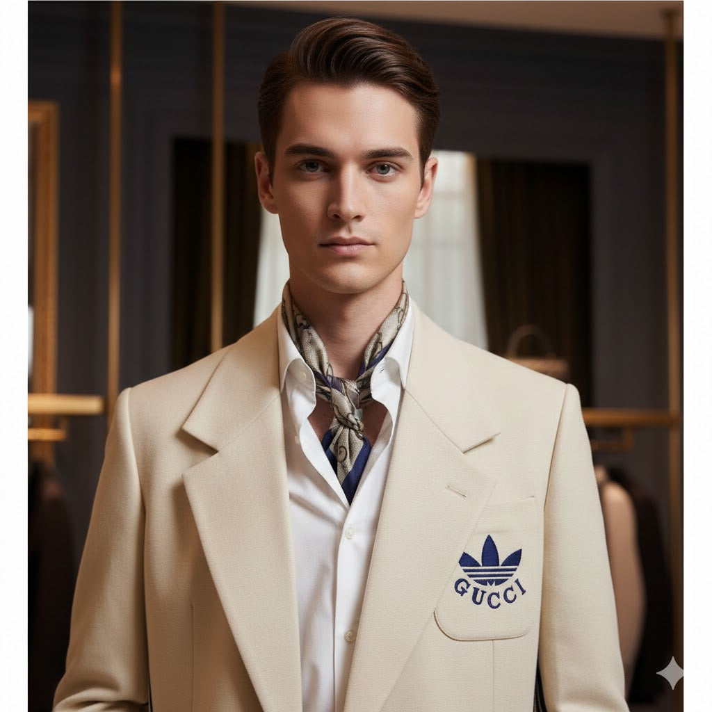 Adidas x Gucci || Double-Breasted Mohair Wool Blazer in Navy Blue/Cream