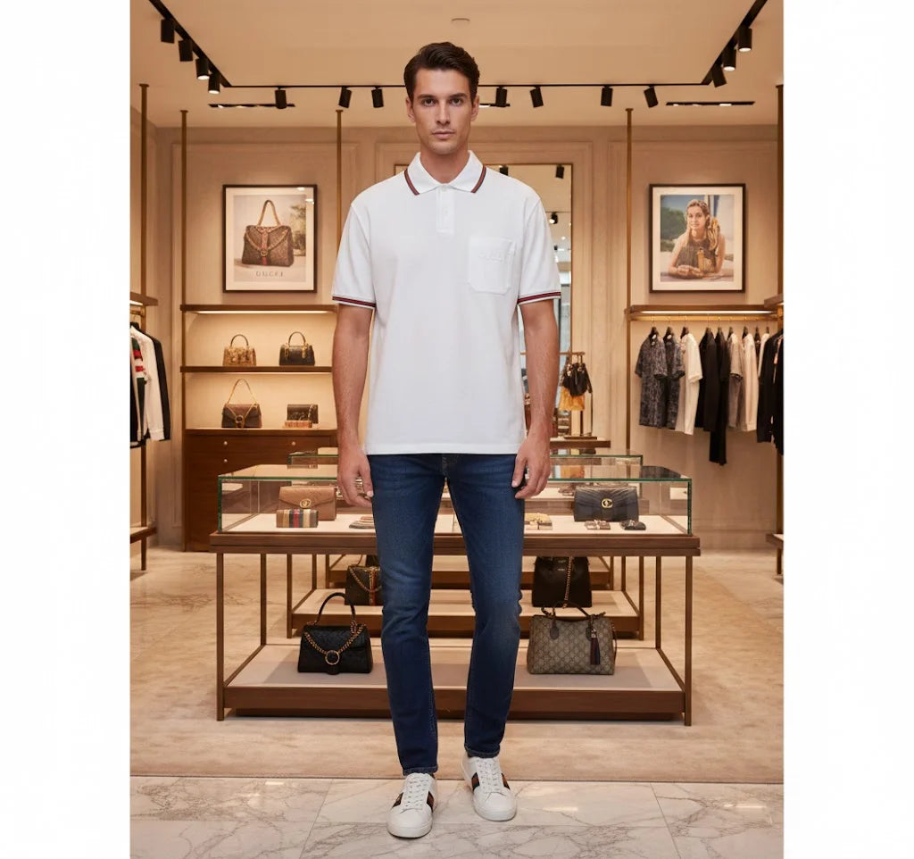 GUCCI || Men's Stretch Cotton Polo Shirt with Web Collar & Pocket Detail – White