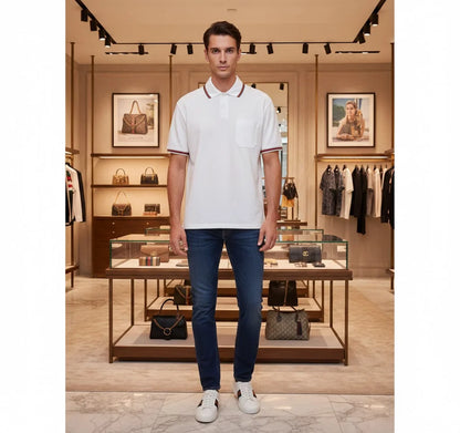 GUCCI || Men's Stretch Cotton Polo Shirt with Web Collar & Pocket Detail – White