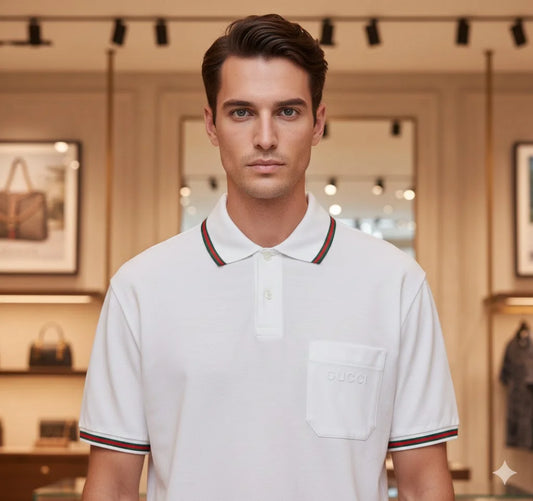 GUCCI || Men's Stretch Cotton Polo Shirt with Web Collar & Pocket Detail – White