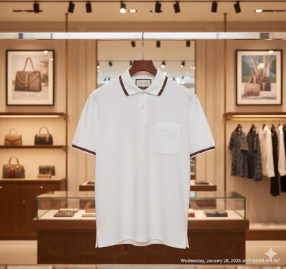 GUCCI || Men's Stretch Cotton Polo Shirt with Web Collar & Pocket Detail – White