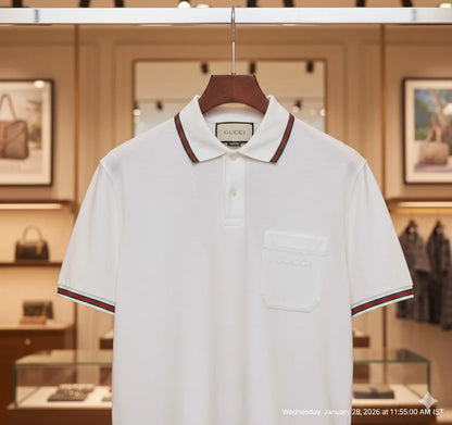 GUCCI || Men's Stretch Cotton Polo Shirt with Web Collar & Pocket Detail – White