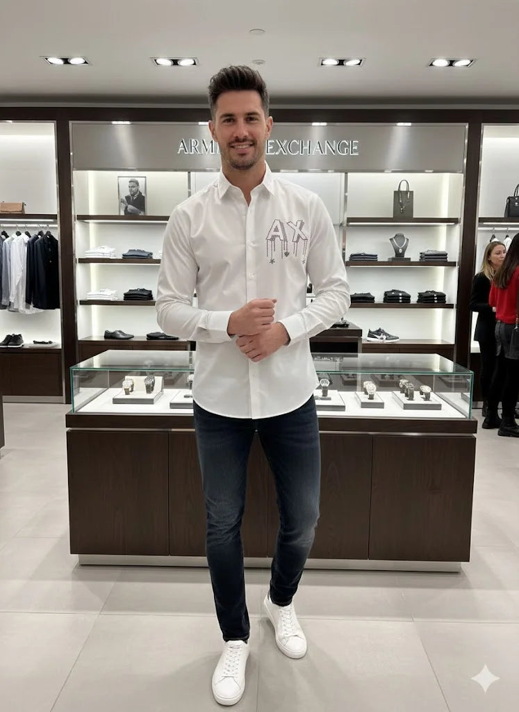 ARM*NI EXCH*NGE || Men’s Slim-Fit Long Sleeve Shirt with Studded AX Logo