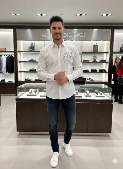 ARM*NI EXCH*NGE || Men’s Slim-Fit Long Sleeve Shirt with Studded AX Logo