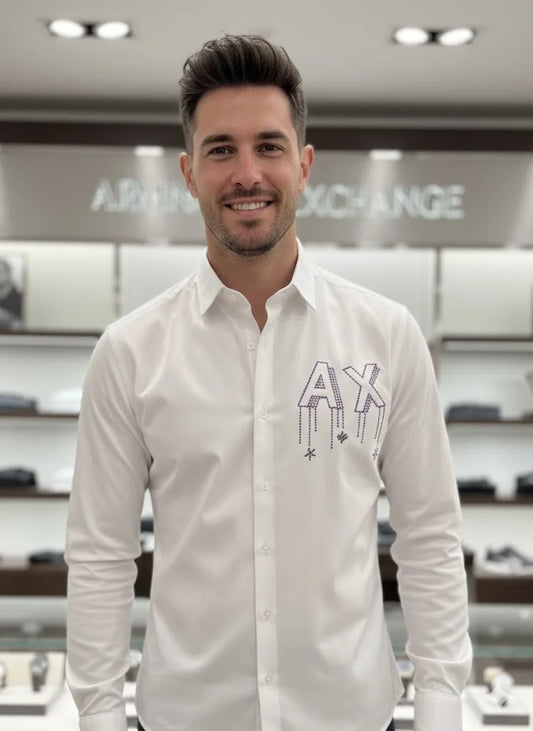 ARM*NI EXCH*NGE || Men’s Slim-Fit Long Sleeve Shirt with Studded AX Logo