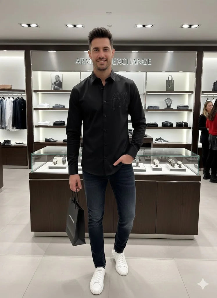 ARM*NI EXCH*NGE || Men’s Slim-Fit Long Sleeve Shirt with Studded AX Logo