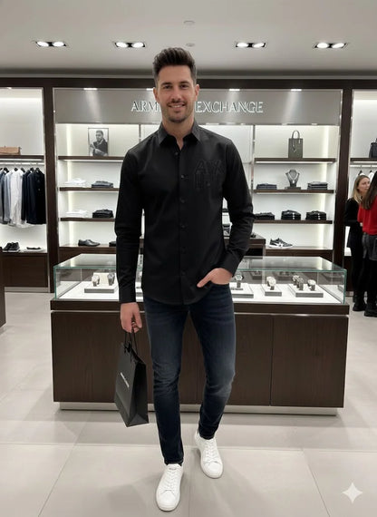 ARM*NI EXCH*NGE || Men’s Slim-Fit Long Sleeve Shirt with Studded AX Logo