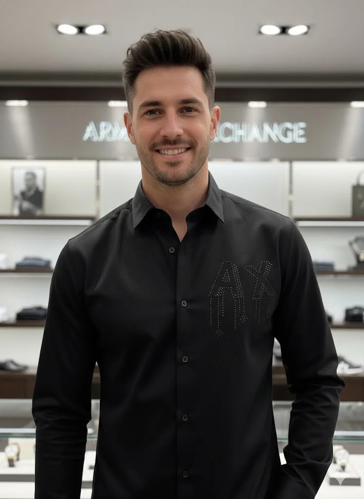 ARM*NI EXCH*NGE || Men’s Slim-Fit Long Sleeve Shirt with Studded AX Logo