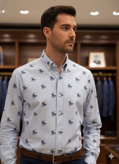 POLO RALPH LAUREN || Men's Custom Slim Fit Striped Shirt with All-Over Pony Motif