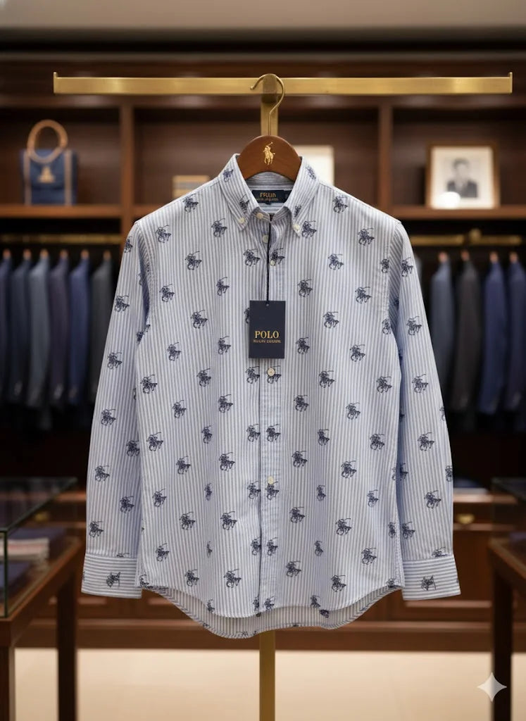 POLO RALPH LAUREN || Men's Custom Slim Fit Striped Shirt with All-Over Pony Motif