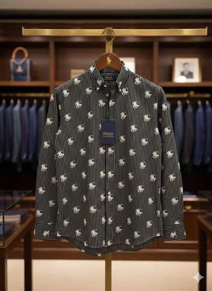 POLO RALPH LAUREN || Men's Custom Slim Fit Striped Shirt with All-Over Pony Motif