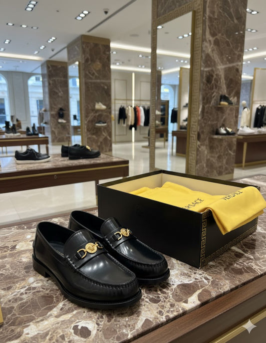VERSACE || Black Leather Medusa '95 Hardware Loafers