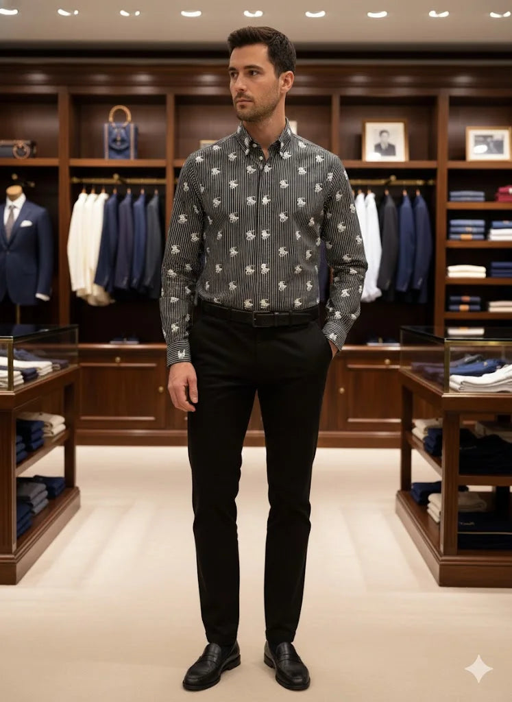 POLO RALPH LAUREN || Men's Custom Slim Fit Striped Shirt with All-Over Pony Motif