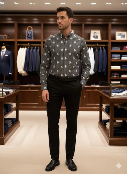 POLO RALPH LAUREN || Men's Custom Slim Fit Striped Shirt with All-Over Pony Motif