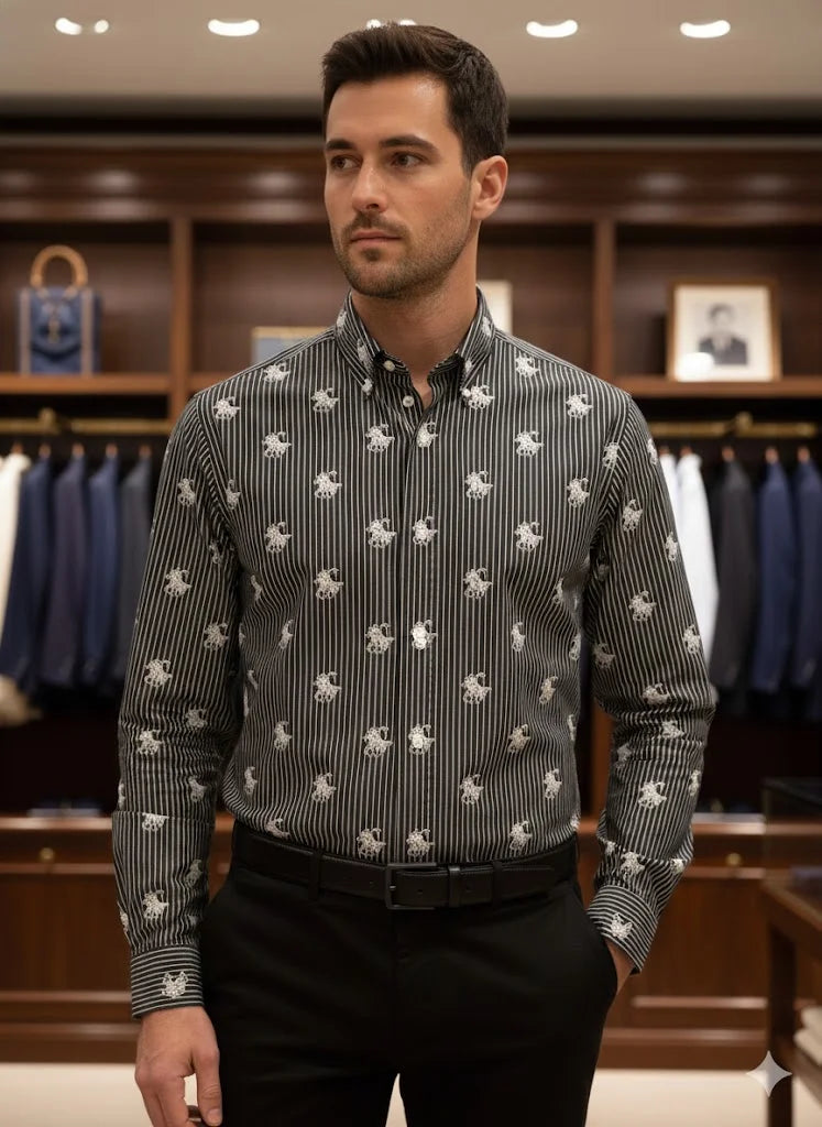 POLO RALPH LAUREN || Men's Custom Slim Fit Striped Shirt with All-Over Pony Motif