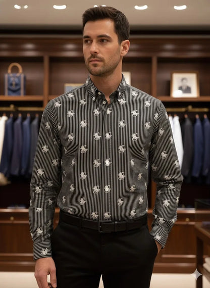 POLO RALPH LAUREN || Men's Custom Slim Fit Striped Shirt with All-Over Pony Motif