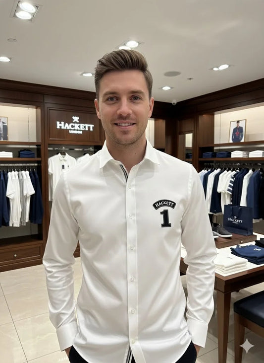 HACKETT LONDON || Men's Number 1 Patch Slim-Fit Cotton Shirt – White & Black