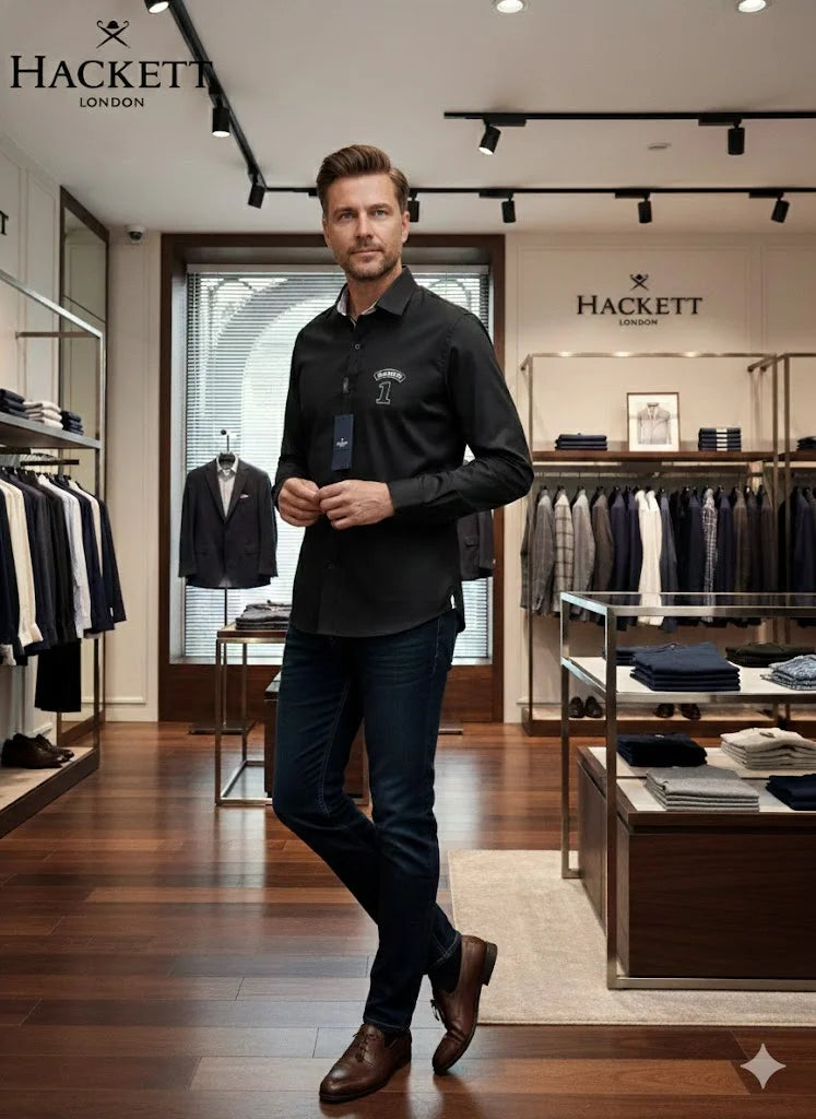 HACKETT LONDON || Men's Number 1 Patch Slim-Fit Cotton Shirt – White & Black