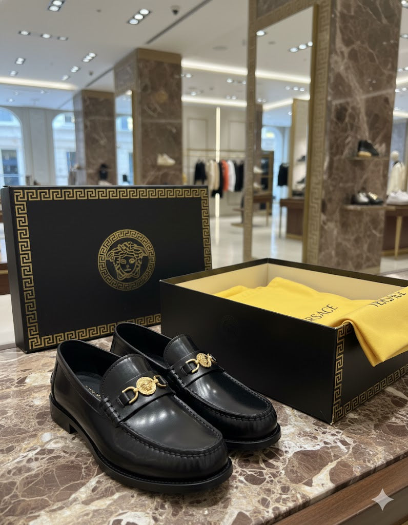 VERSACE || Black Leather Medusa '95 Hardware Loafers