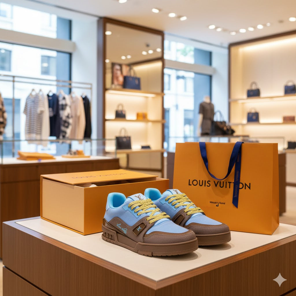 LOUIS VUITTON || LV Trainer Sneaker – Light Blue & Mocha Brown Suede