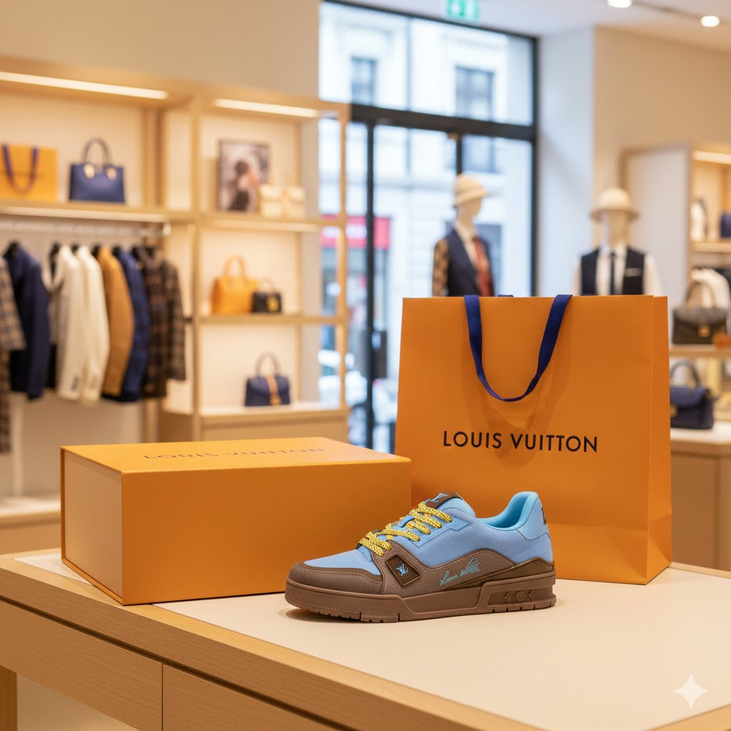 LOUIS VUITTON || LV Trainer Sneaker – Light Blue & Mocha Brown Suede