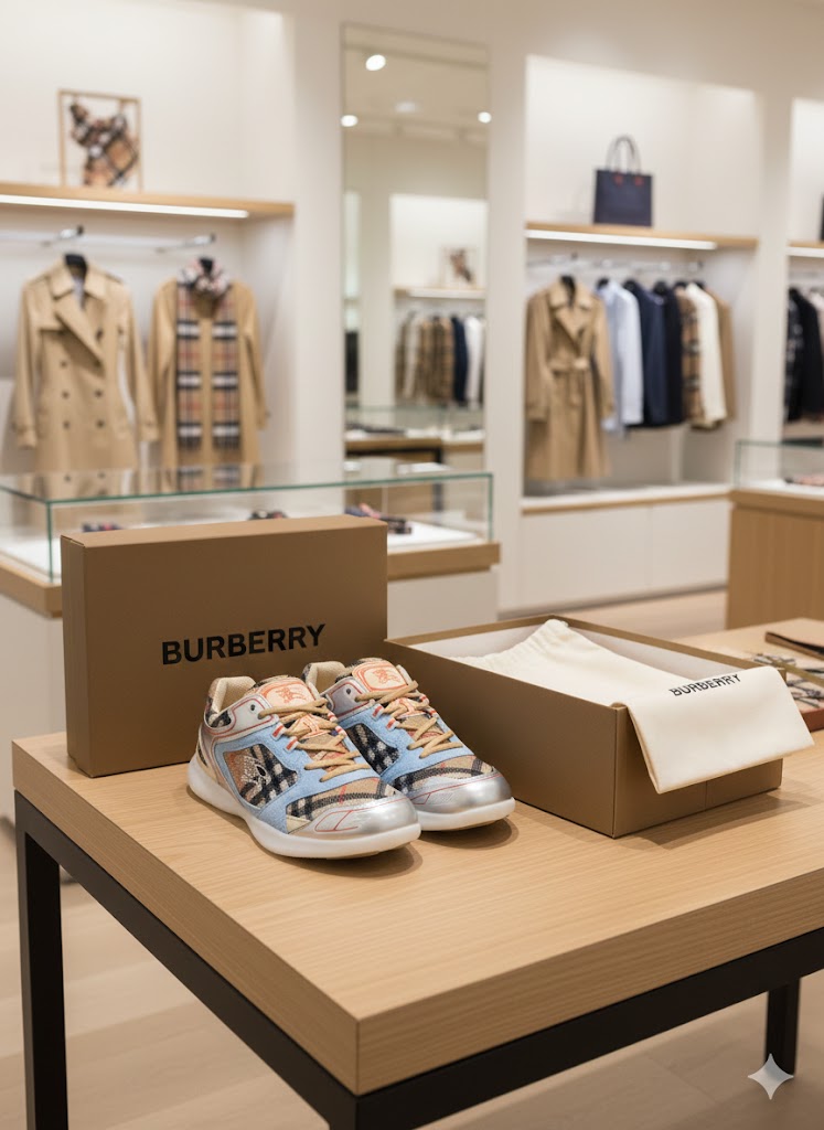 BURBERRY || Vintage Check & Leather Sneakers - Light Blue/Silver/Archive Beige