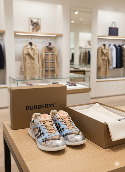 BURBERRY || Vintage Check & Leather Sneakers - Light Blue/Silver/Archive Beige