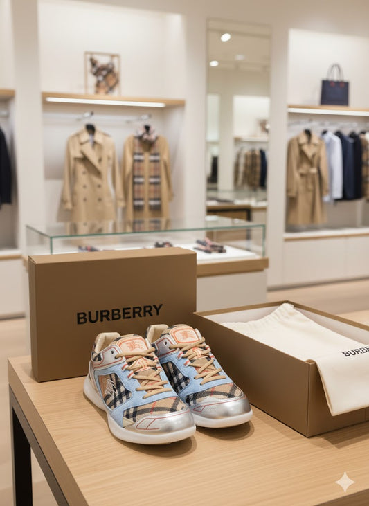 BURBERRY || Vintage Check & Leather Sneakers - Light Blue/Silver/Archive Beige