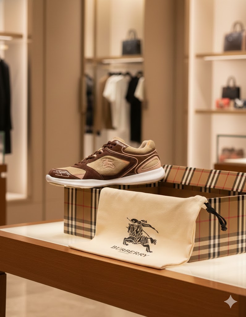 BURBERRY ||  Mesh and Leather Low-Top Sneakers with Vintage Check Broom