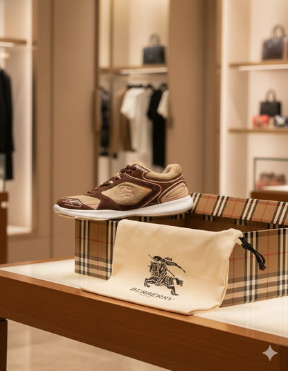 BURBERRY ||  Mesh and Leather Low-Top Sneakers with Vintage Check Broom