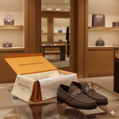 LOUIS VUITTON || Damier Graphite Knit Loafer with Gold LV Initial Ornament