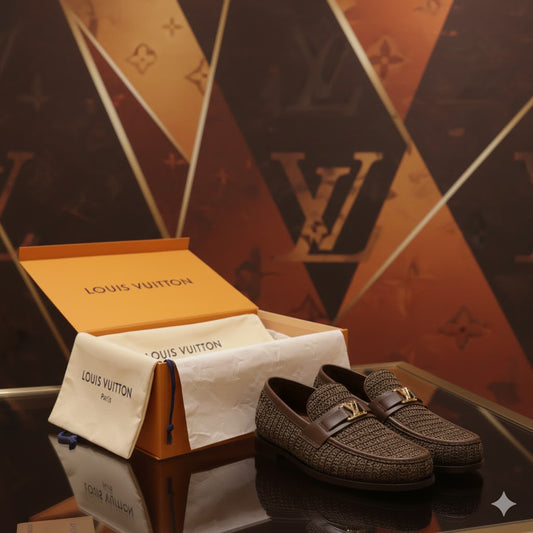 LOUIS VUITTON || Damier Graphite Knit Loafer with Gold LV Initial Ornament