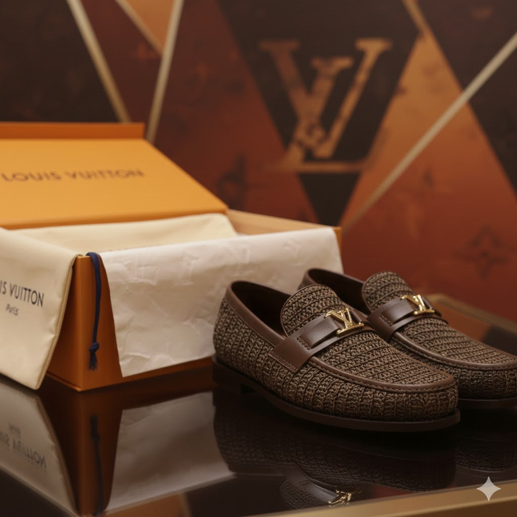 LOUIS VUITTON || Damier Graphite Knit Loafer with Gold LV Initial Ornament