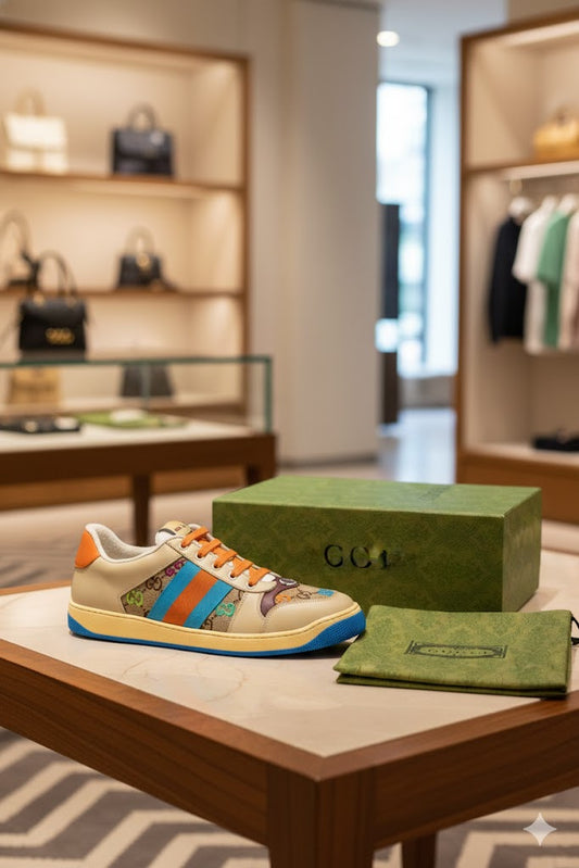 GUCCI || Screener Sneakers Shoes GG Canvas Monogram Blue Orange Striped