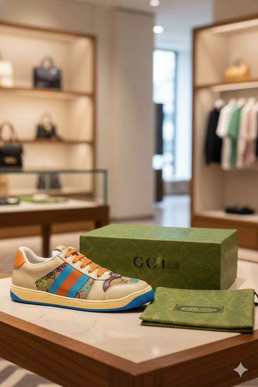 GUCCI || Screener Sneakers Shoes GG Canvas Monogram Blue Orange Striped