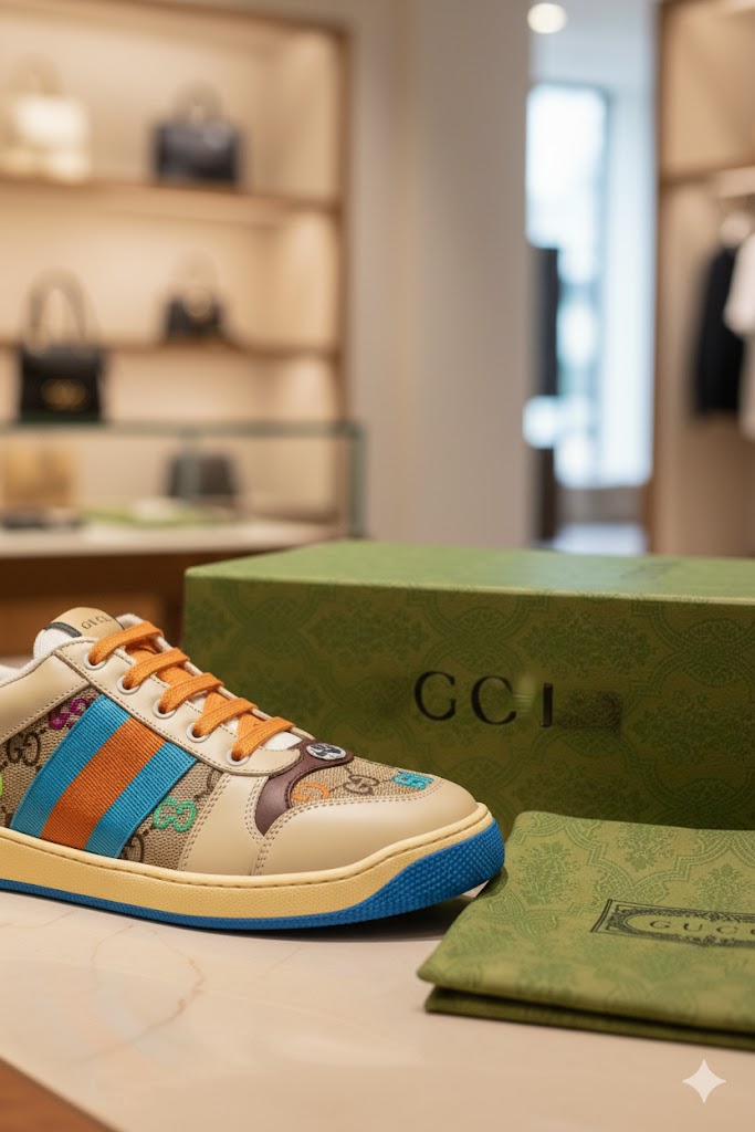 GUCCI || Screener Sneakers Shoes GG Canvas Monogram Blue Orange Striped