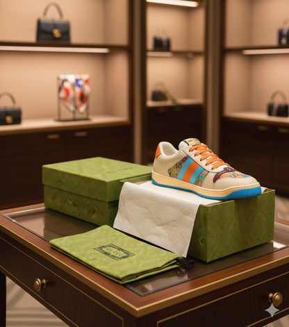 GUCCI || Screener Sneakers Shoes GG Canvas Monogram Blue Orange Striped