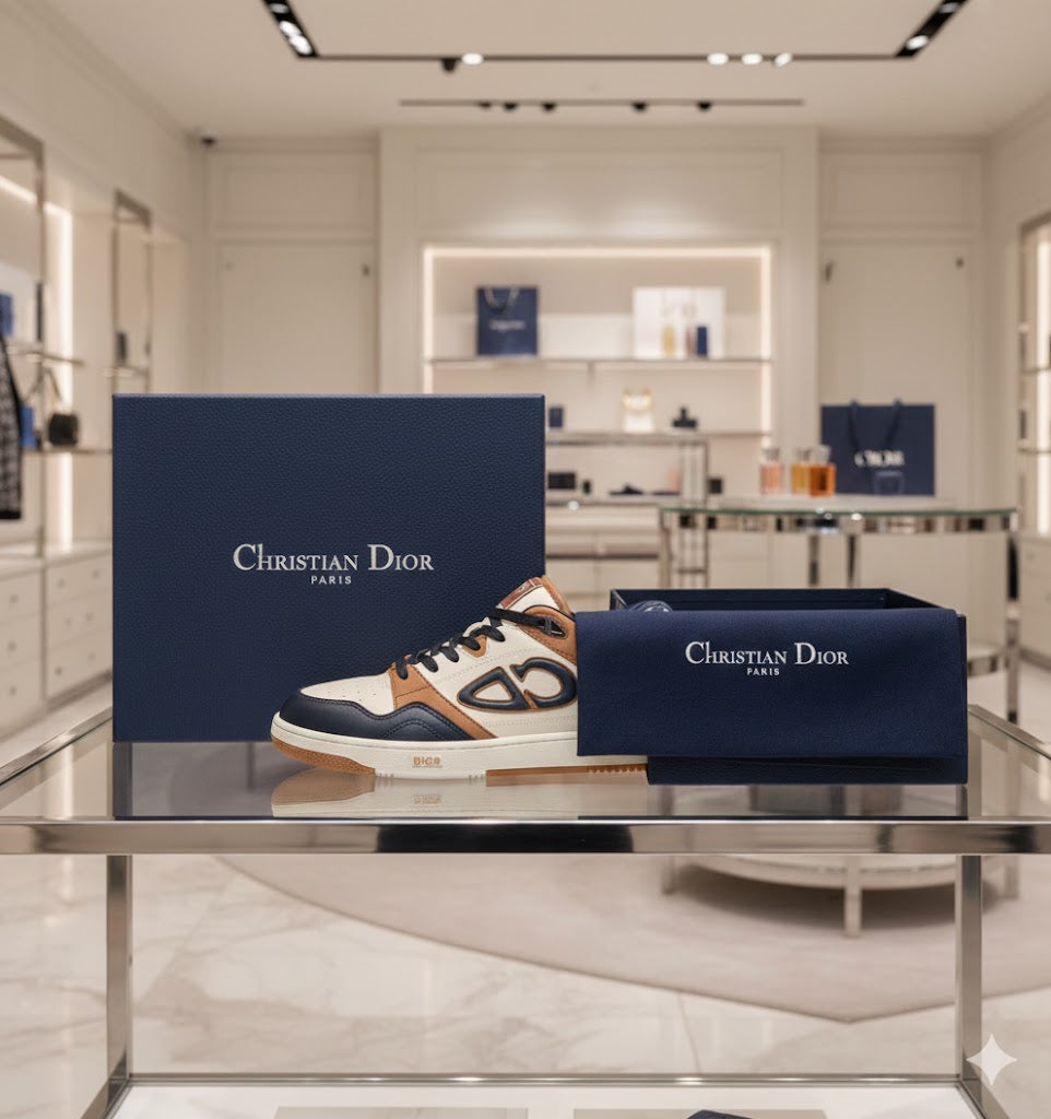 CHRISTIAN DIOR || B27 Low-Top Sneaker in Cream, Navy, and Tan Calfskin