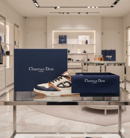 CHRISTIAN DIOR || B27 Low-Top Sneaker in Cream, Navy, and Tan Calfskin
