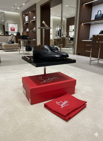 CHRISTIAN LOUBOUTIN || Black Calfskin Leather Loafers with Signature Red Sole