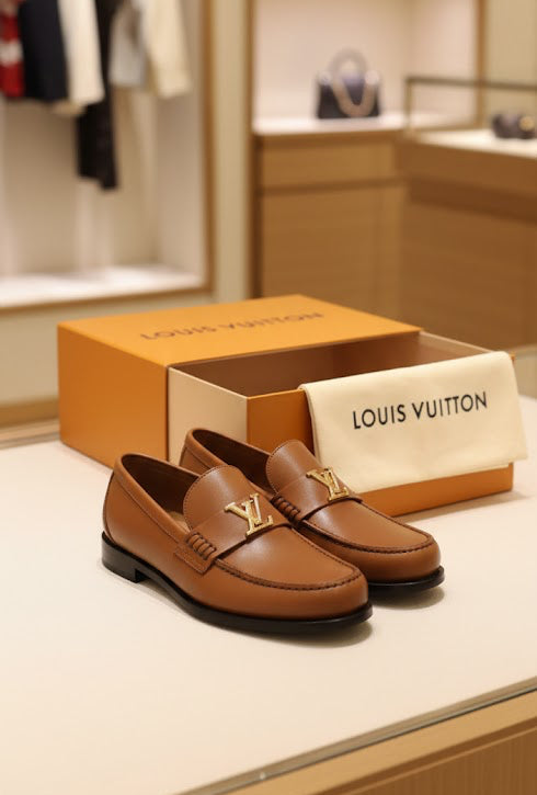 LOUIS VUITTON || Major Loafers in Cognac Calf Leather with Gold LV Initial Ornament